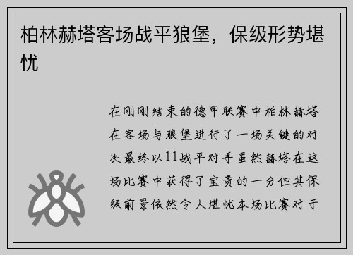柏林赫塔客场战平狼堡，保级形势堪忧